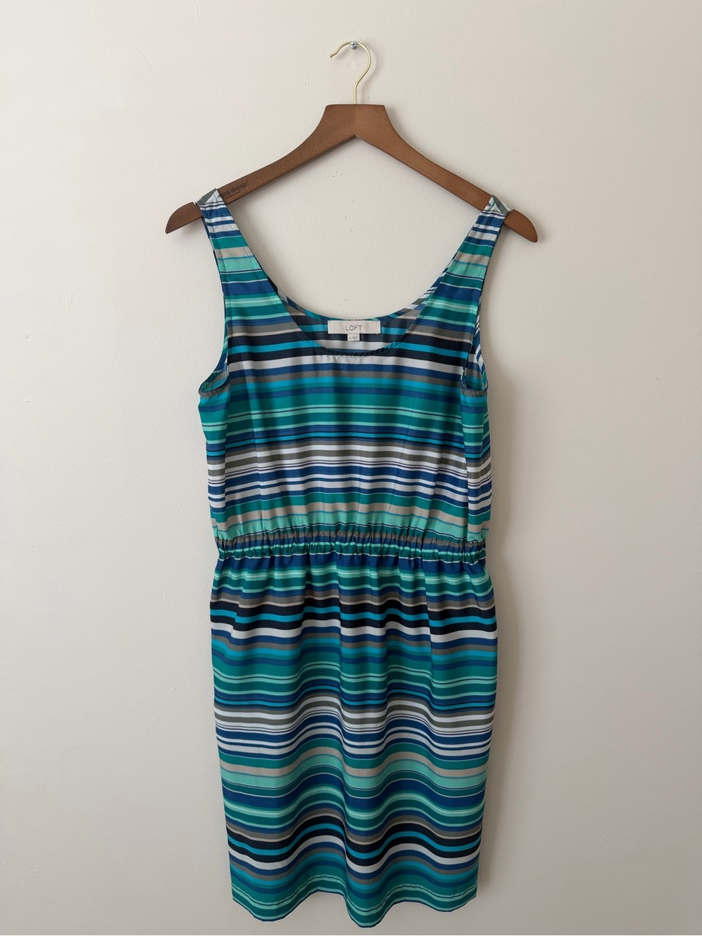 LOFT Teal, Navy & Aqua Striped Sleeveless Dress Medium VGC